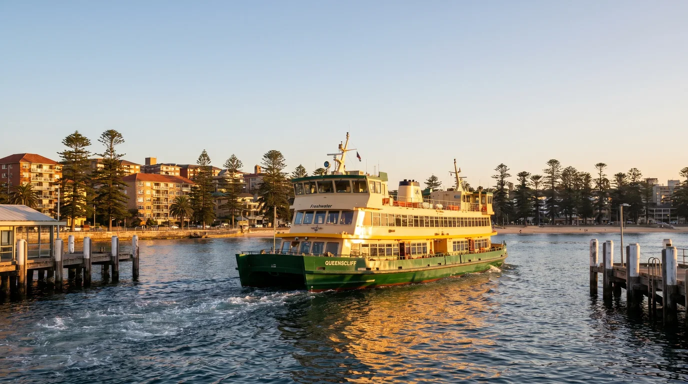 The Manly ferry approaching Manly Wharf across Sydney Harbour